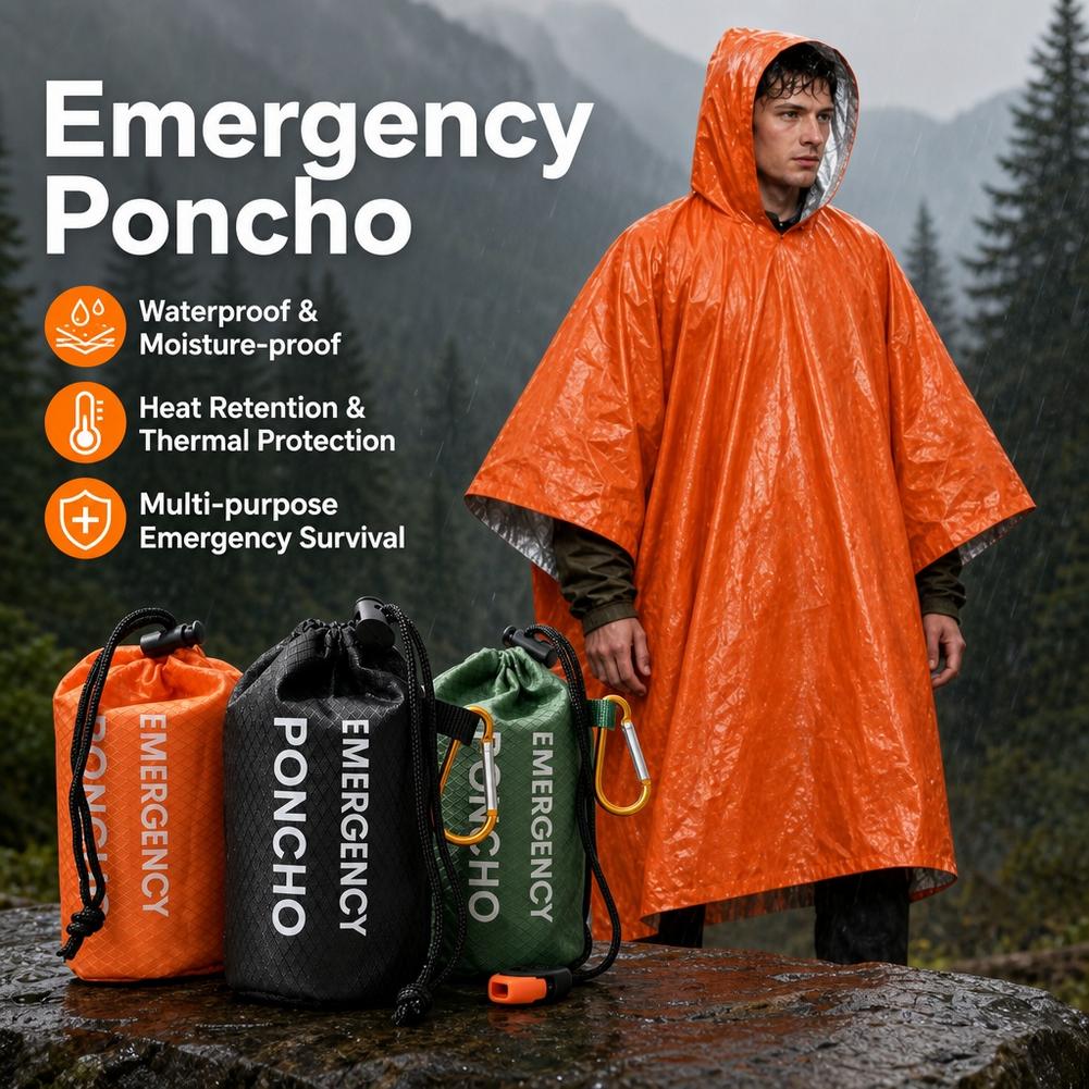 Emergency Poncho Rain - 携帯用緊急用レインポンチョキット。防水フード付きレインコート、レインカバー、ポーチ、ホイッスル、カラビナ付き。キャンプやハイキングに最適。