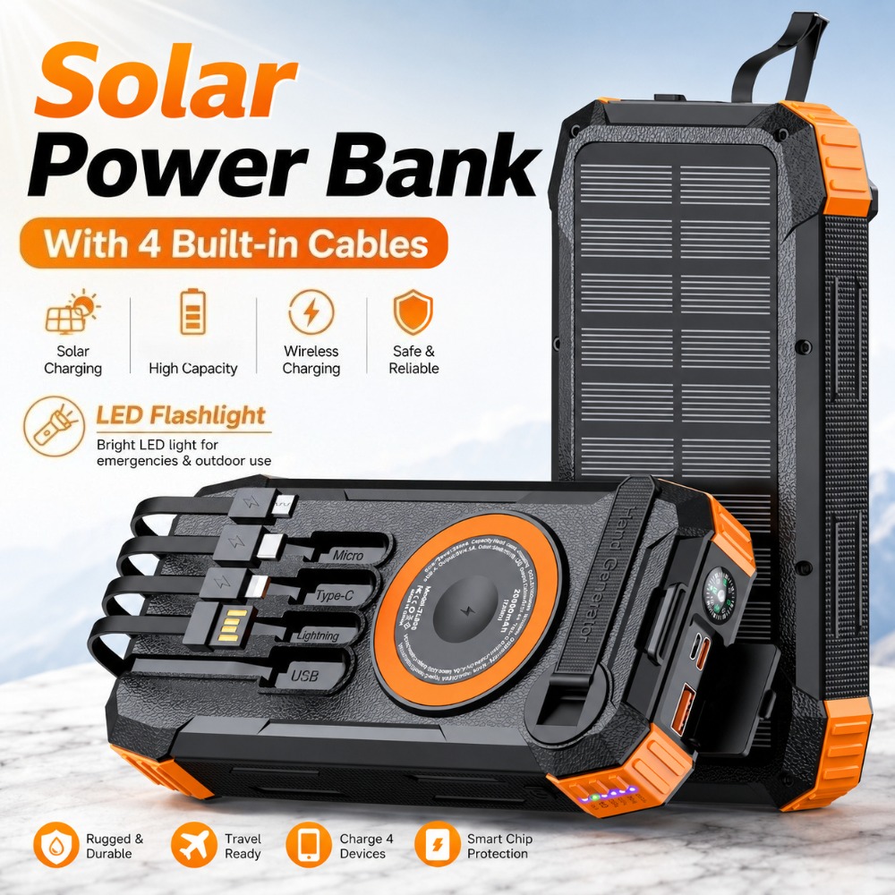 Solar Emergency Charger - 新しい50000mAhソーラーパワーバンク手回し発電機ポータブル屋外緊急充電器、4本の内蔵ケーブル、デュアルLED懐中電灯付き