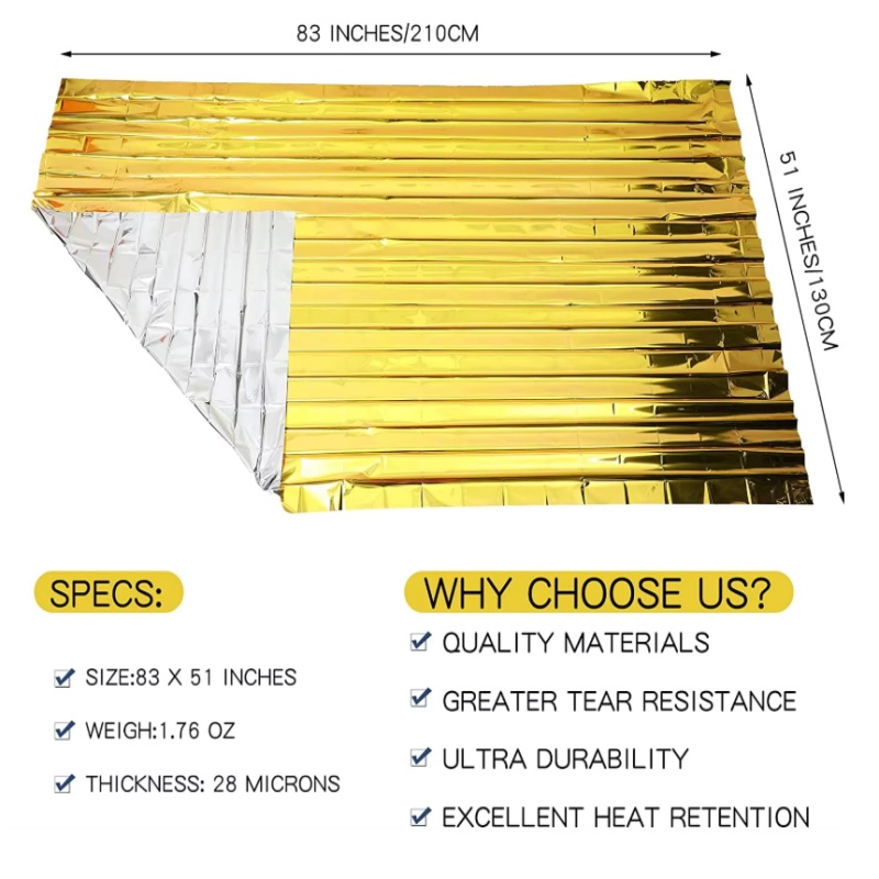 Survival Blanket Reflective - 金銀マイラー製サーマルサバイバルブランケット 130×210cm、反射性保温レスキューブランケット（キャンプ、ハイキング、アウトドア用）